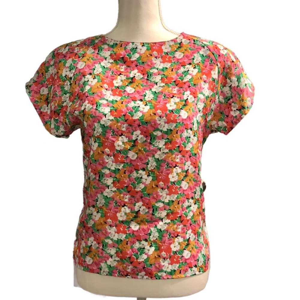 VTG‎ Petite Impressions 80s 90s Floral Polyester Blouse Top Shoulder Pads SP